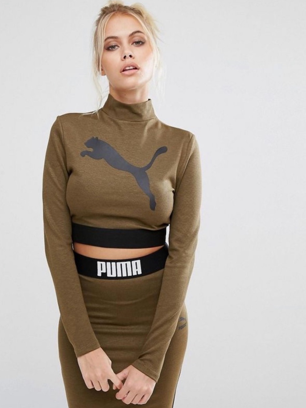 Puma Olive Green Cropped Turtleneck Shirt with Black Logo